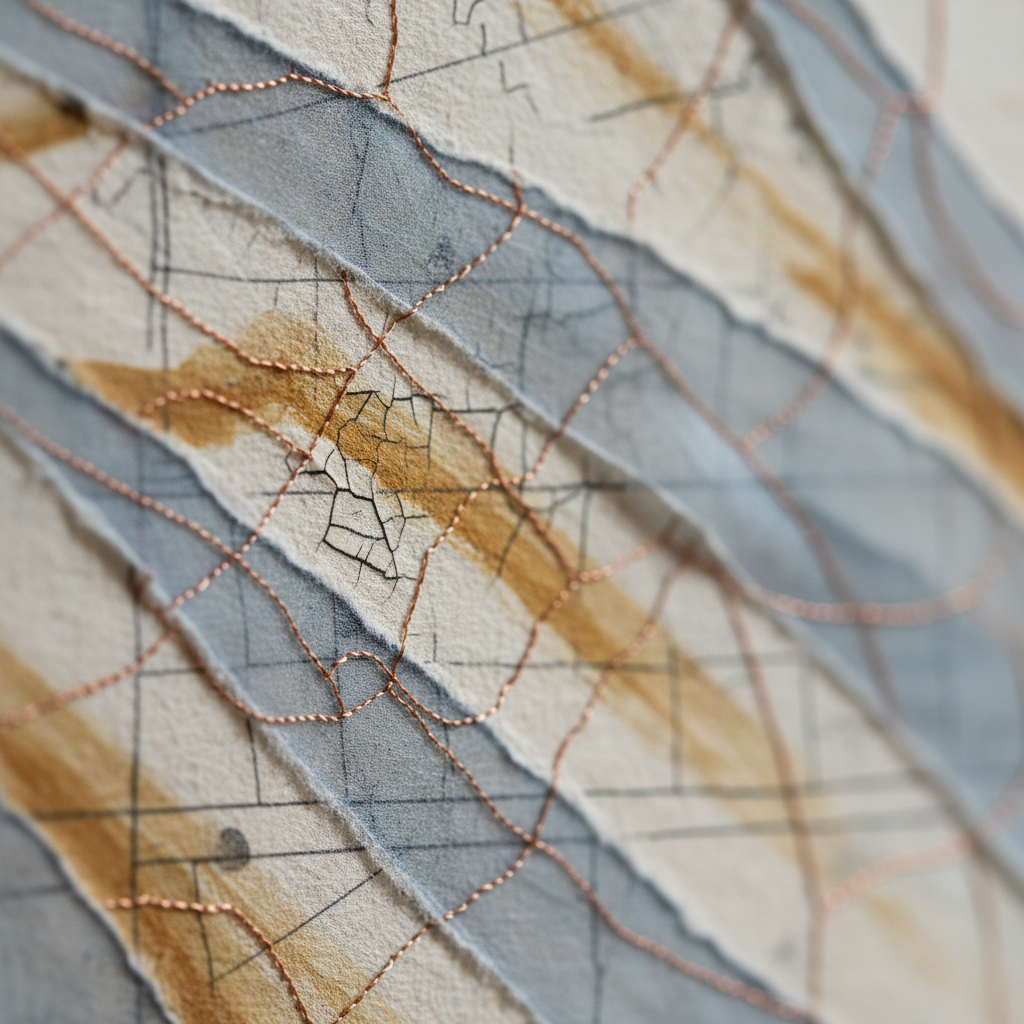 A close-up, photographic realist detail of a textured mixed-media artwork by a contemporary plasticienne, showing layers of hand-torn paper, translucent fabric, and thin washes of pigment partially revealing graphite lines beneath. Fine cracks in dried paint and delicate stitched threads in metallic copper catch soft side light from an unseen studio window. The background falls into smooth blur, isolating the tactile surface. Shot with a macro lens at an oblique angle, the composition emphasizes material richness and subtle color harmonies of cream, slate blue, and rust, creating an intimate, sophisticated mood that highlights the artist’s sensitive approach to materials and form.
