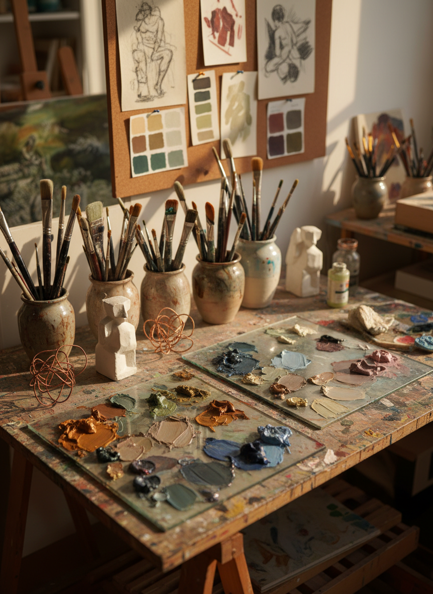 A refined artist’s studio corner with a sturdy, paint-splattered wooden worktable supporting neatly arranged brushes in ceramic jars, glass palettes layered with translucent pigments, and small abstract maquettes in plaster and wire. On the wall above, pinned sketches and color studies form a thoughtful mood board in earthy tones and soft pastels. Gentle afternoon light enters through an unseen window, grazing the surfaces and emphasizing textures of paper, wood, and pigment. Photographic realism with a slightly elevated angle and shallow depth of field, keeping the central workspace in crisp focus while the periphery falls into a soft blur, conveying an atmosphere of quiet concentration and sophisticated creativity.