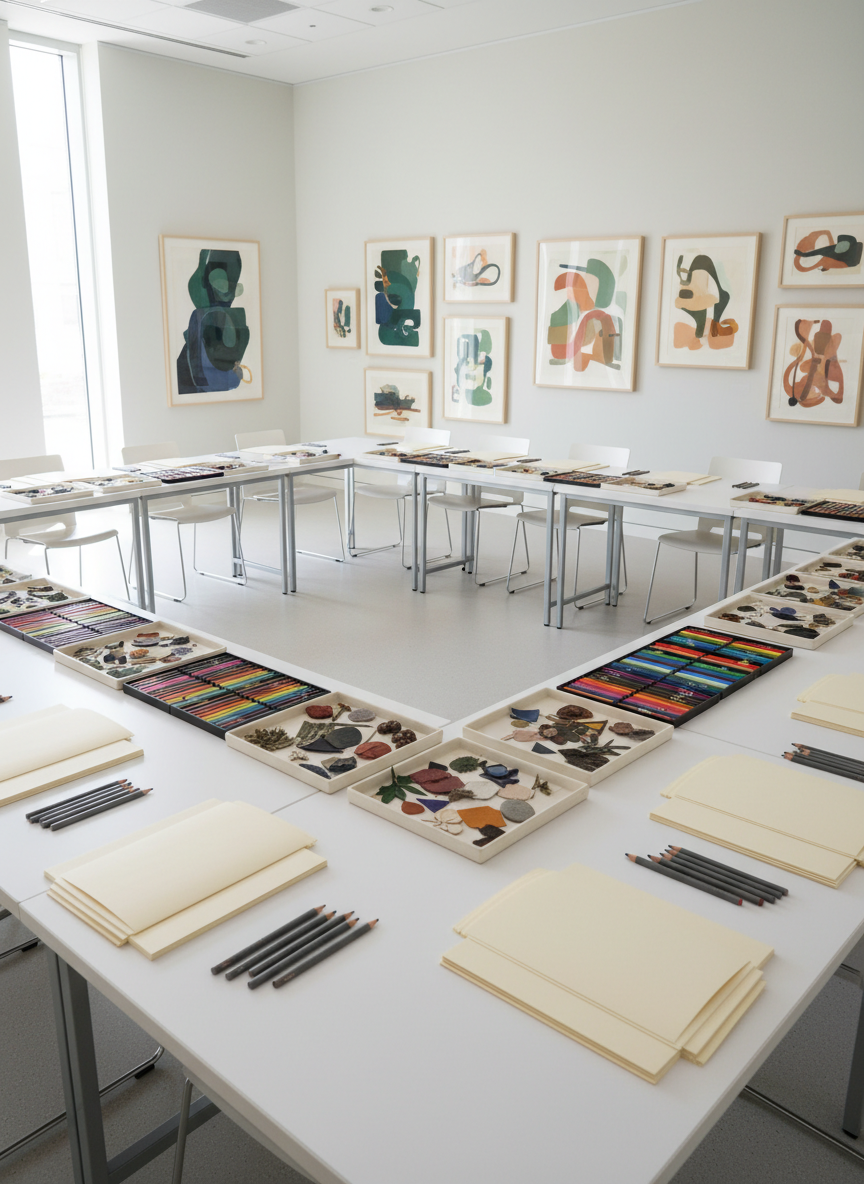 A bright, contemporary classroom-like art space prepared for an EAC workshop, with several large, impeccably clean tables arranged in a U-shape, each set with high-quality drawing paper, soft graphite sticks, colored pencils, and small trays of collage materials such as textured paper, fabric scraps, and natural elements. Walls display previous workshop results: sensitive, abstract compositions in cohesive color palettes. Soft, even daylight from tall windows off-frame creates a calm, welcoming luminosity. Photographic realism with a wide-angle, slightly elevated view, sharp focus from foreground to background, conveying an atmosphere of thoughtful pedagogy, accessibility, and sophisticated cultural education without any human presence.