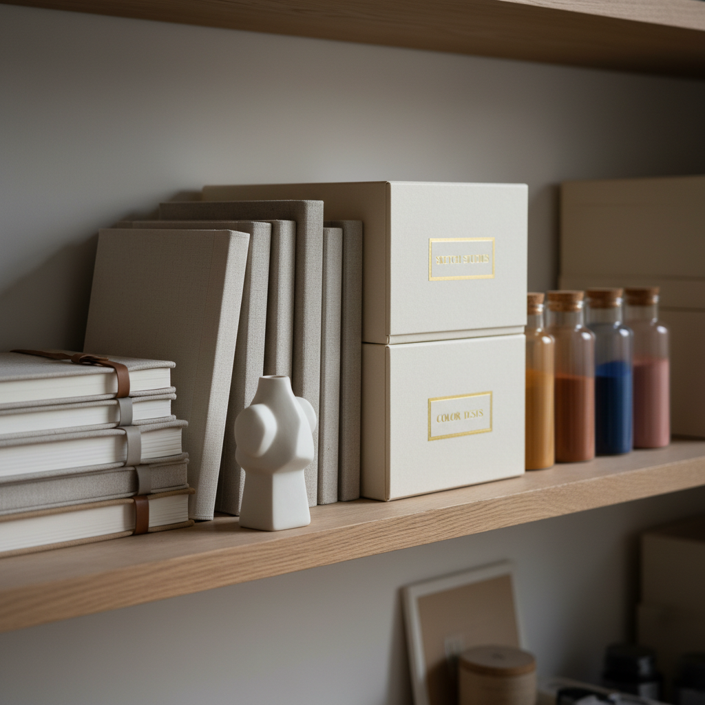 A serene atelier shelf arrangement in photographic realism, featuring neatly stacked sketchbooks with textured linen covers, labeled archival boxes, and a row of glass jars filled with pigments in refined, muted hues—ochre, indigo, sienna, and dusty rose. A small, abstract ceramic sculpture in matte white sits slightly off-center, acting as a focal point. Natural overcast light from the left creates a gentle gradient of shadow across the shelf, emphasizing shapes without harsh contrasts. Captured at eye level with a narrow depth of field that keeps the middle section in sharp focus, the atmosphere feels ordered, contemplative, and intellectually sophisticated, suitable for a portfolio’s “about the practice” section.