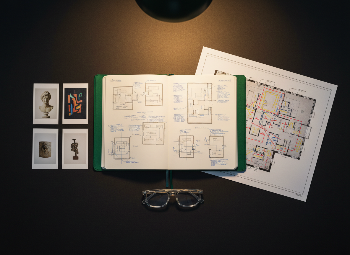 A refined flatlay in photographic realism showcasing tools of curatorial research on a dark, matte desk surface: an open, cloth-bound notebook filled with neat diagrammatic exhibition sketches, a printed floor plan with colored annotations, a pair of minimalist acetate glasses, and a carefully arranged selection of small reproduction cards of artworks. A soft, focused desk lamp above casts a warm pool of light at the center, fading to gentle shadow at the edges, with subtle reflections on the glasses. Shot from perfectly overhead with crisp focus and balanced negative space, the mood is analytical yet poetic, evoking the invisible intellectual labor behind exhibition design and cultural mediation.