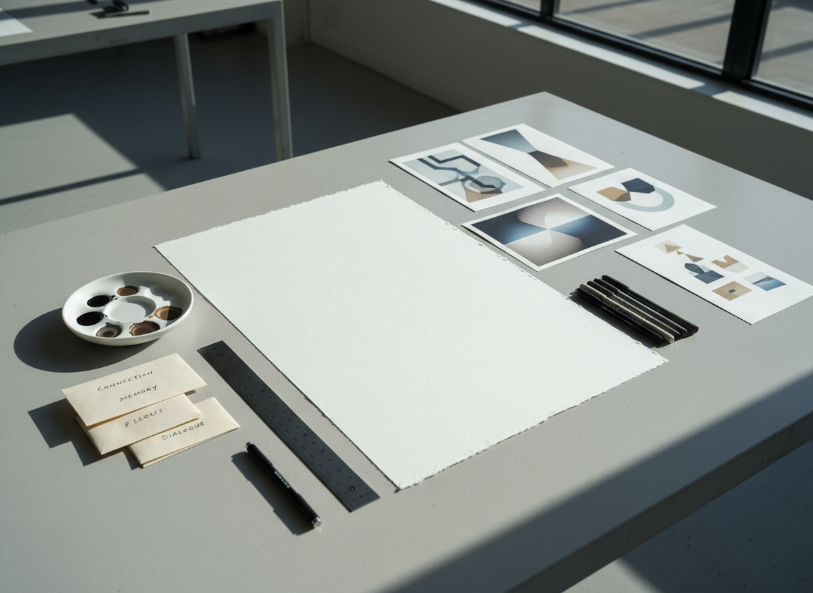 An elegant workshop preparation scene for advanced art mediation, with a single, large sheet of heavy cotton paper laid on a smooth, light concrete table. Surrounding it are precisely placed high-end materials: a porcelain palette with diluted inks, a steel ruler, fine-tipped archival pens, and small envelopes labeled with conceptual prompts. Nearby, abstract reference images printed on matte paper introduce a coherent visual language. Soft morning daylight enters from the right, creating delicate, elongated shadows and a cool, calm brightness. Photographic realism with a three-quarter overhead angle and moderate depth of field, projecting a mood of rigor, subtlety, and thoughtful engagement with contemporary art practices.