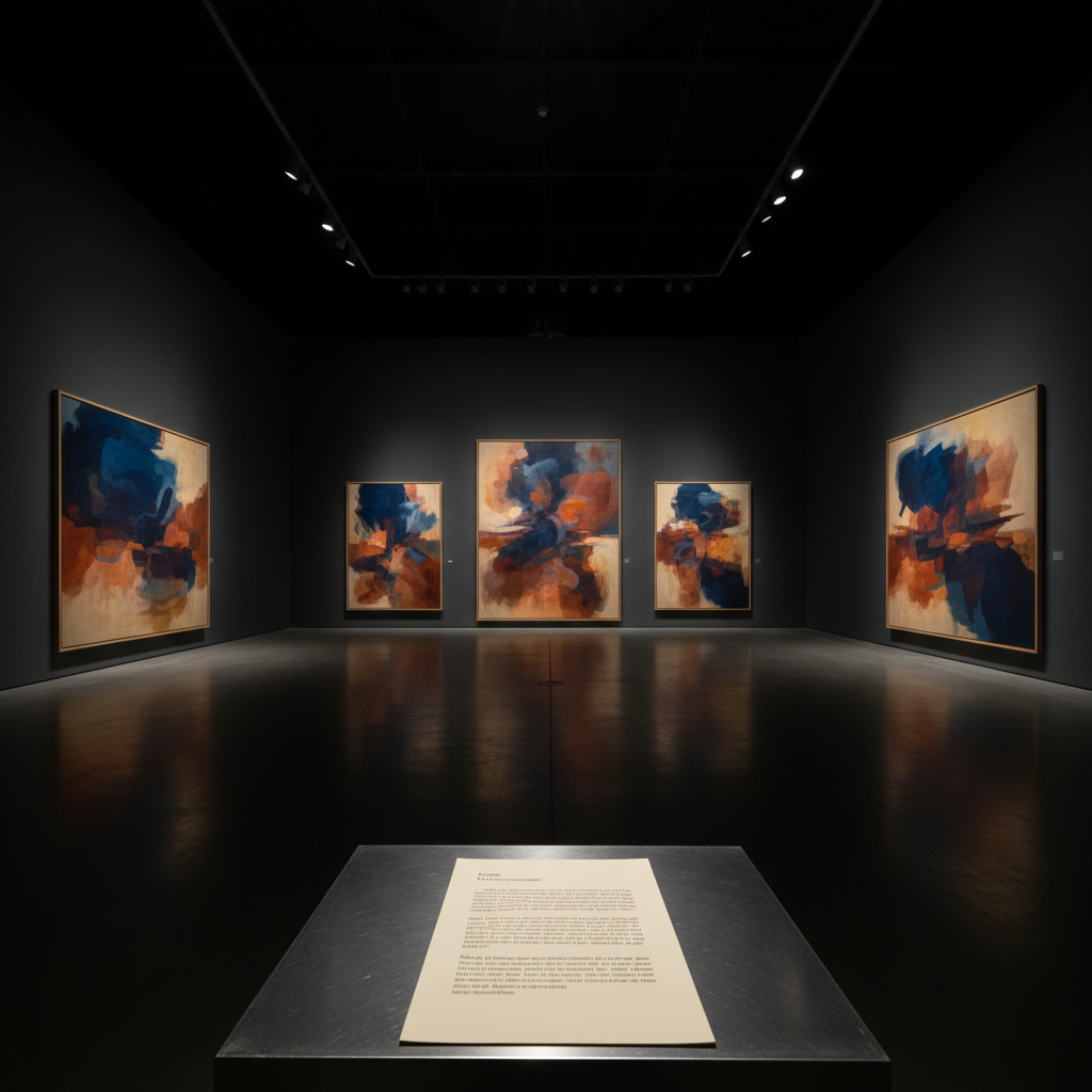 A dimly lit, atmospheric exhibition hall featuring a solo show of large-scale abstract paintings, each spotlighted by precise track lighting that carves luminous rectangles on the deep gray walls. On the polished concrete floor, a subtle reflection of the canvases adds depth. A discreet, minimalist plinth holds a curatorial text printed on thick, tactile paper. The artworks display gestural marks, layered transparencies, and nuanced color gradients from midnight blue to burnt sienna. Photographic realism with a slightly low angle, emphasizing the monumentality of the works, strong contrast between illuminated pieces and surrounding shadows, evoking a sophisticated, immersive, and introspective exhibition experience.